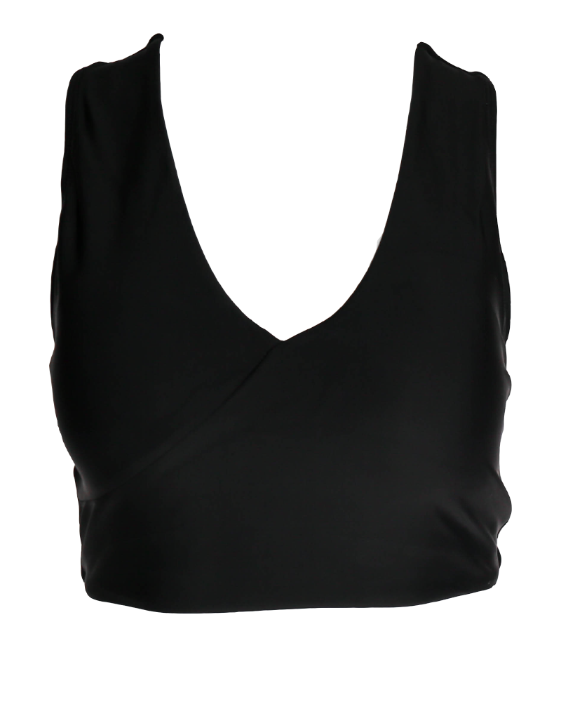 A flat lay of a black v neck swimsuit top.