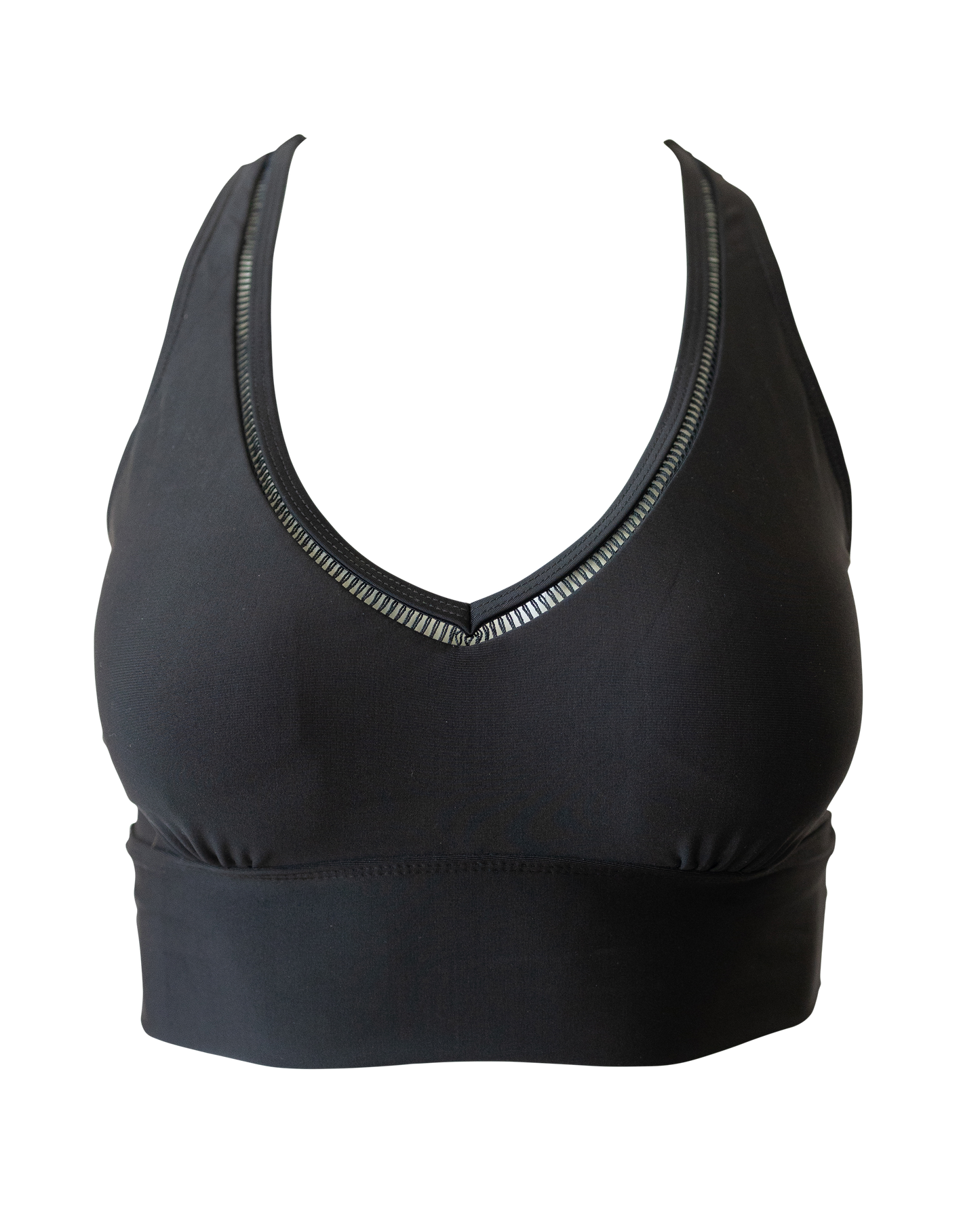 A flat lay image of a black v neck swimsuit top.
